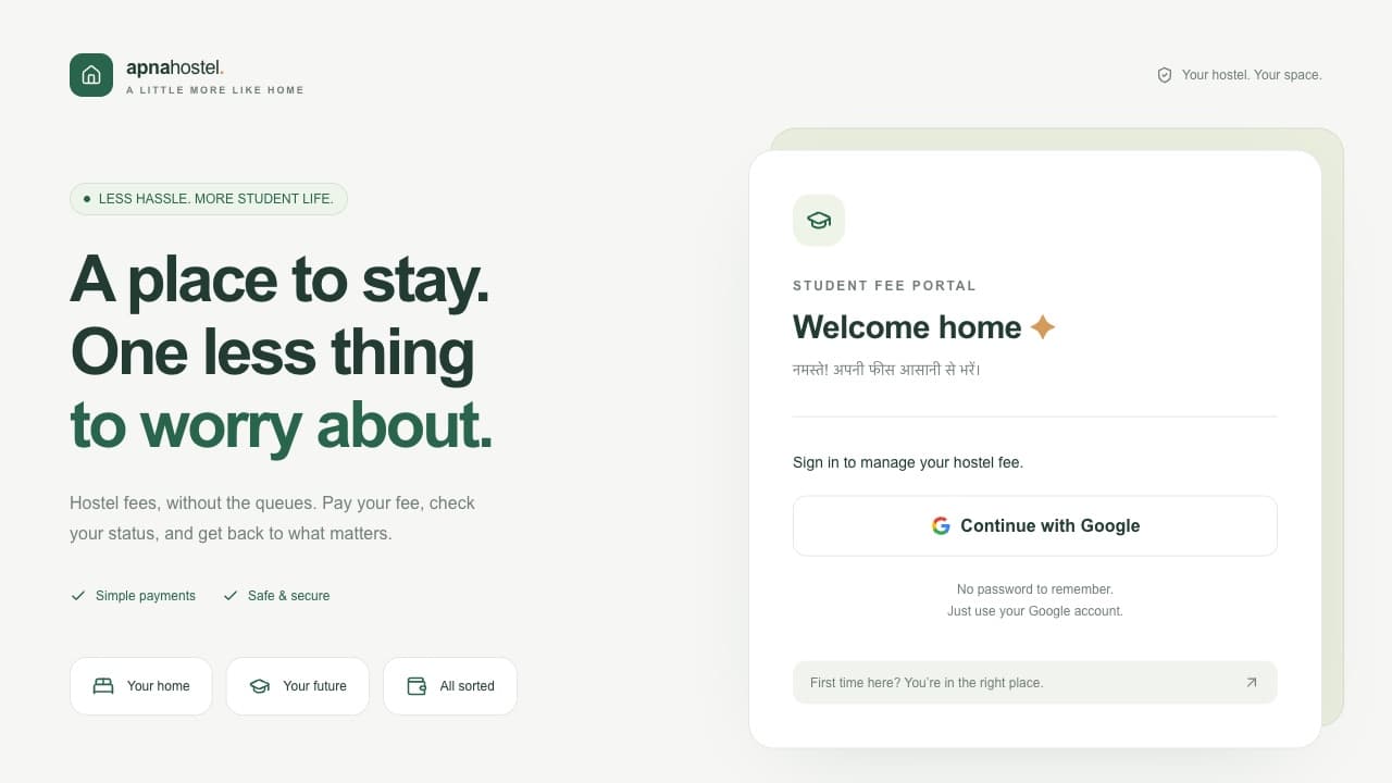 Apna Hostel sign-in page